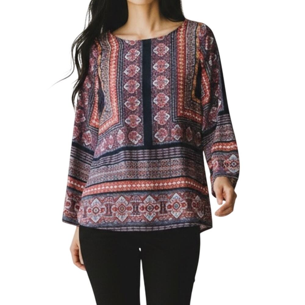 Renee C‎ Top Women’s Size M Boho Blouse Batik Medallion Print Bohemian Hippie